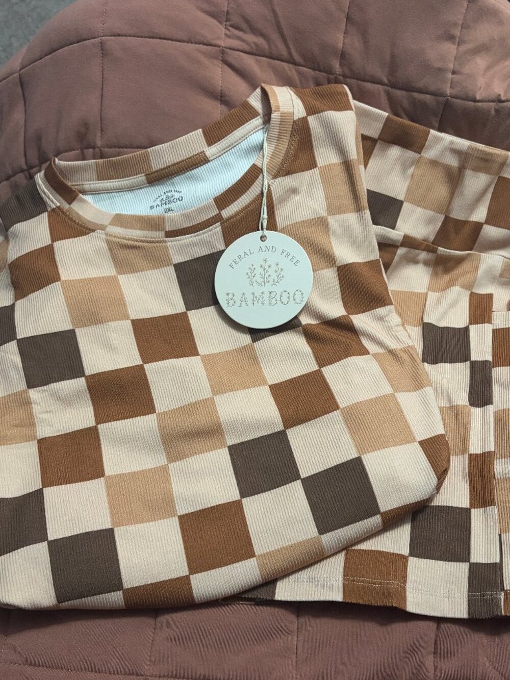 NWT Feral & Free Brown Checkered Bamboo Set Oversized Tee & Biker Shorts